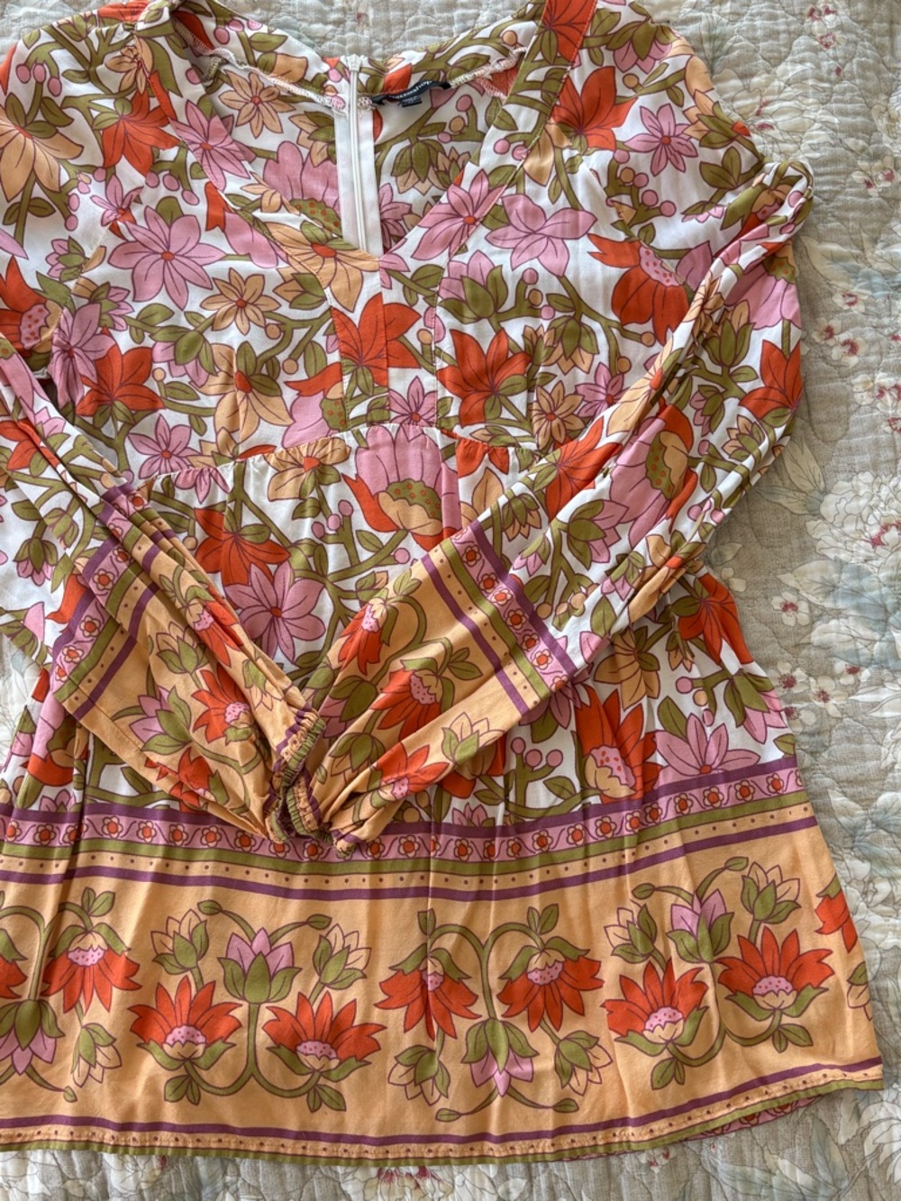 mittoshop Floral V-Neck Long-Sleeve Blouse in Pink, Orange & Tan - Picture 4 of 8